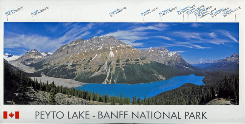 Peyto Lake Banff National Park Panorama Poster - A labeled mountain identification guide featuring the turquoise waters of Peyto Lake and surrounding peaks like Mt. Patterson and Mt. Chephren. Peyto Lake Banff National Park Panorama Poster - A labeled mountain identification guide featuring the turquoise waters of Peyto Lake and surrounding peaks like Mt. Patterson and Mt. Chephren.