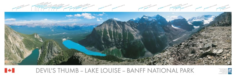 Devil's Thumb Lake Louise Panorama Poster - A labeled mountain identification guide featuring Lake Louise, Lake Agnes, and the surrounding peaks of the Victoria Glacier.