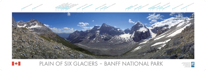 Plain of Six Glaciers Banff National Park Panorama Poster - A labeled mountain identification guide featuring Mt. Victoria, Mt. Lefroy, and the surrounding alpine glaciers of Lake Louise. Plain of Six Glaciers Banff National Park Panorama Poster - A labeled mountain identification guide featuring Mt. Victoria, Mt. Lefroy, and the surrounding alpine glaciers of Lake Louise.