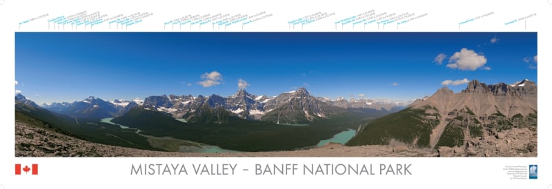 Mistaya Valley Banff National Park Panorama Poster - A labeled mountain identification guide featuring Mistaya Lake, Waterfowl Lakes, and the surrounding peaks of the Icefields Parkway. Mistaya Valley Banff National Park Panorama Poster - A labeled mountain identification guide featuring Mistaya Lake, Waterfowl Lakes, and the surrounding peaks of the Icefields Parkway.