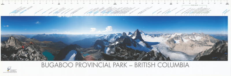 Bugaboo Provincial Park British Columbia Panorama Poster - A $360^{\circ}$ labeled mountain identification guide featuring the granite spires and glaciers of the Purcell Mountains. Bugaboo Provincial Park British Columbia Panorama Poster - A $360^{\circ}$ labeled mountain identification guide featuring the granite spires and glaciers of the Purcell Mountains.