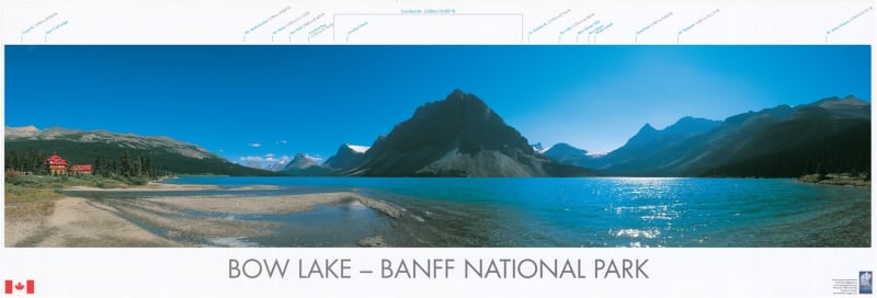 Bow Lake Banff National Park Panorama Poster - A labeled mountain identification guide featuring Bow Lake, Crowfoot Glacier, and the surrounding peaks of the Icefields Parkway.