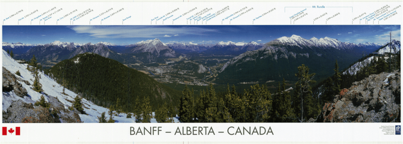 Town of Banff Alberta Canada Panorama Poster - A labeled mountain identification guide featuring the Banff townsite, Mt. Rundle, and the surrounding peaks of the Bow Valley. Town of Banff Alberta Canada Panorama Poster - A labeled mountain identification guide featuring the Banff townsite, Mt. Rundle, and the surrounding peaks of the Bow Valley.