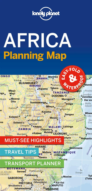 Lonely Planet Africa Planning Map featuring a protective slipcase, premium paper, and easy-fold design for continental travel planning.