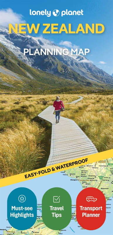 Lonely Planet New Zealand Planning Map featuring a protective slipcase, premium paper, and easy-fold design for North and South Island travel.