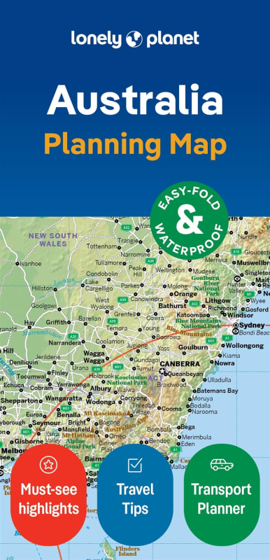 Lonely Planet Australia Planning Map featuring a protective slipcase, premium paper, and easy-fold design for continental travel planning.