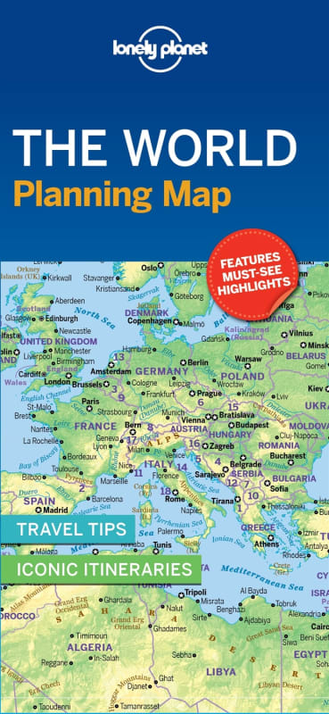 Lonely Planet World Planning Map featuring a protective slipcase, premium paper, and easy-fold design for global travel planning.