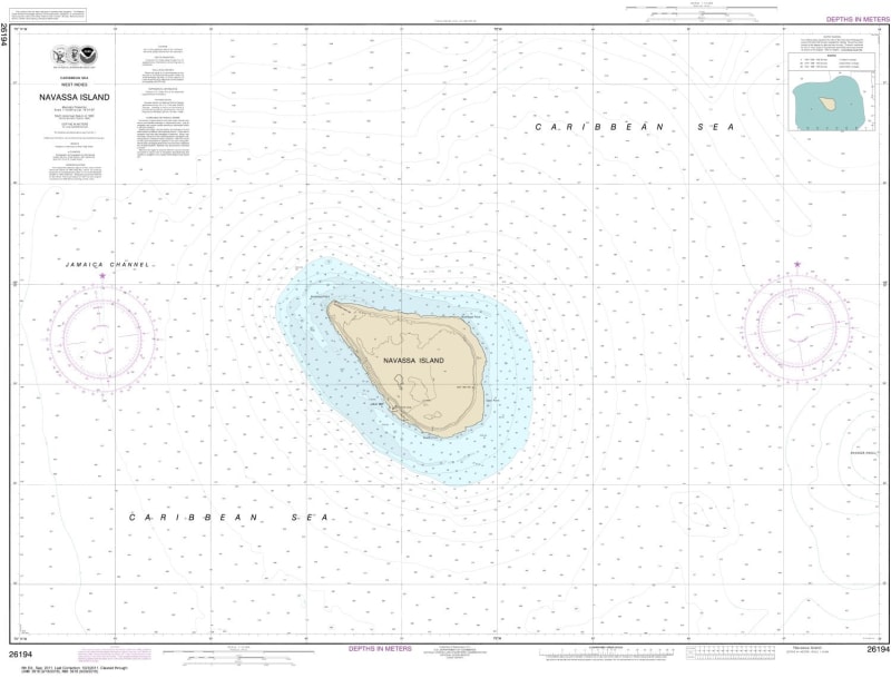 NOAA Chart 26194. Nautical Chart of Navassa Island. NOAA charts portray water depths, coastlines, dangers, aids to navigation, landmarks, bottom characteristics and other features, as well as regulatory, tide, and other information. They contain all criti