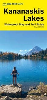 Gem Trek Kananaskis Lakes waterproof trail map featuring 25-metre contour lines, Peter Lougheed Provincial Park hiking routes, and a 1:25,000 scale lake inset.