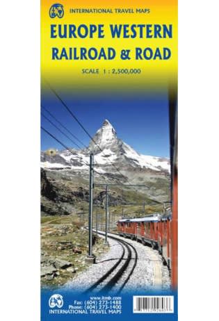 Europe Western Railroad and Road map.  International Travel map 1 to 2500000 scale. Covers United Kingdom, Spain, Portugal, France, Germany, Italy, Poland, Norway, Sweden and many more Western European Countries.