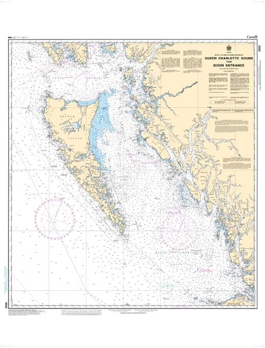 Official Canadian Hydrographic Service CHS Chart 3012 for Queen Charlotte Sound to Dixon Entrance showing marine navigation paths and bathymetric data. Official Canadian Hydrographic Service CHS Chart 3012 for Queen Charlotte Sound to Dixon Entrance showing marine navigation paths and bathymetric data.