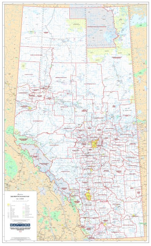 Alberta Municipal Districts and Counties wall map showing DLS township grid, MD boundaries, and highways at 1:1,000,000 scale. Alberta Municipal Districts and Counties wall map showing DLS township grid, MD boundaries, and highways at 1:1,000,000 scale.