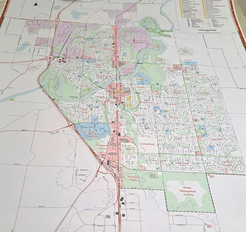 A highly detailed wall map of Red Deer, Alberta. Includes roads ...