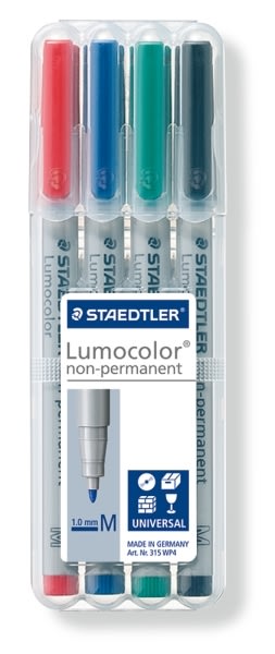 The Lumocolor Non Permanent Markers by Staedtler are versatile pens designed for use on almost any surface, making them ideal for overhead projections. The ink is water-soluble and can be easily wiped off films using a damp cloth. It dries quickly and is