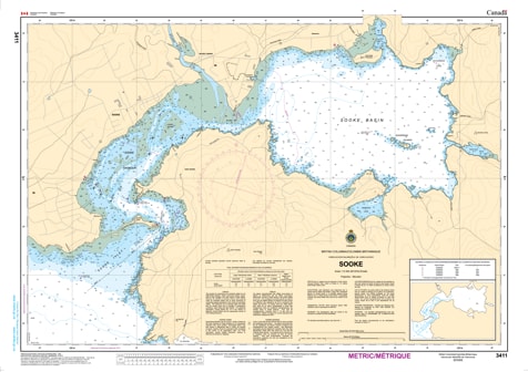 Navigate Sooke Harbour and Basin safely with CHS Chart 3411. Official 2026 high-resolution depth data, Whiffin Spit entrance details, and hazard markers for South Vancouver Island.