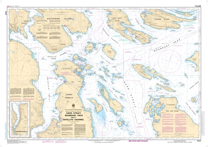 CHS Chart 3441 - Official Canadian Nautical Chart for Haro Strait, Boundary Pass, and Satellite Channel, featuring the Southern Gulf Islands and Sidney BC. CHS Chart 3441 - Official Canadian Nautical Chart for Haro Strait, Boundary Pass, and Satellite Channel, featuring the Southern Gulf Islands and Sidney BC.