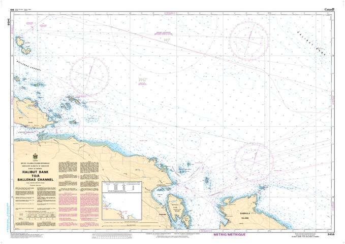 CHS Chart 3456 - Official Canadian Nautical Chart for Halibut Bank to Ballenas Channel, featuring the central Strait of Georgia and Winchelsea Islands.