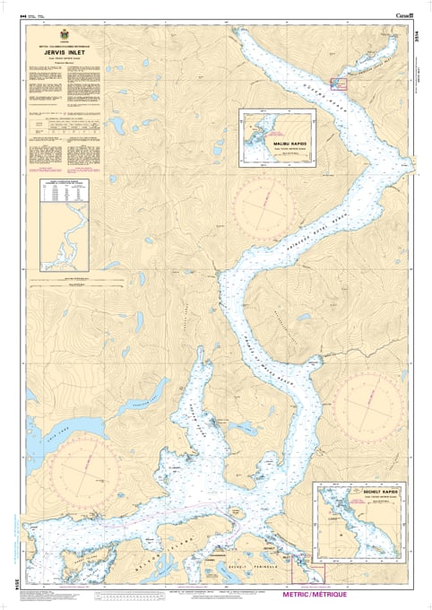 CHS Chart 3514 - Official Canadian Nautical Chart for Jervis Inlet, featuring Princess Louisa Inlet, Hotham Sound, and the approaches to Malibu Rapids.