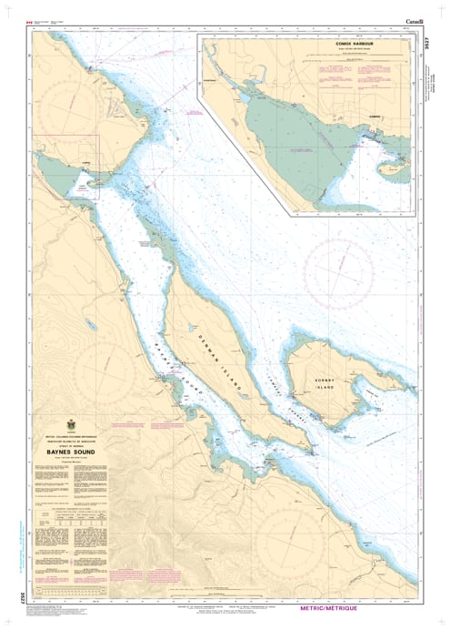 CHS Chart 3527 - Official Canadian Nautical Chart for Baynes Sound, featuring detailed mapping for Comox Harbour, Denman Island, and the Buckley Bay ferry terminal. CHS Chart 3527 - Official Canadian Nautical Chart for Baynes Sound, featuring detailed mapping for Comox Harbour, Denman Island, and the Buckley Bay ferry terminal.