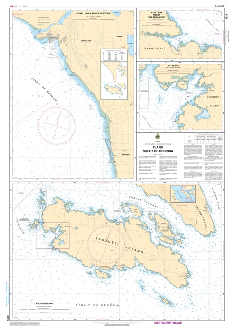CHS Chart 3533 - Official Canadian Nautical Chart featuring harbor plans for the Strait of Georgia, including detailed mapping for Lund, Westview, and Texada Island. CHS Chart 3533 - Official Canadian Nautical Chart featuring harbor plans for the Strait of Georgia, including detailed mapping for Lund, Westview, and Texada Island.