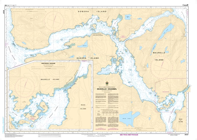 CHS Chart 3537 - Official Canadian Nautical Chart for Okisollo Channel, featuring high-detail mapping for the Okisollo Rapids and the passages surrounding Quadra and Sonora Islands. CHS Chart 3537 - Official Canadian Nautical Chart for Okisollo Channel, featuring high-detail mapping for the Okisollo Rapids and the passages surrounding Quadra and Sonora Islands.