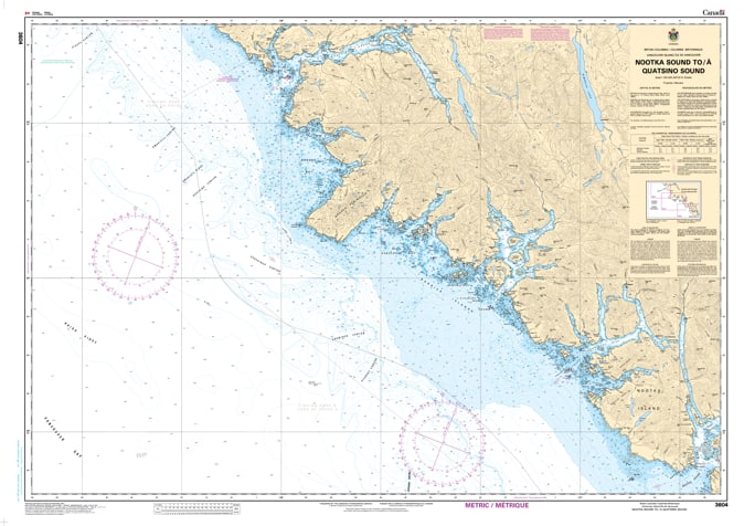 CHS Chart 3604 - Official Canadian Nautical Chart for Nootka Sound to Quatsino Sound, featuring 1:150,000 scale mapping of the Brooks Peninsula and the North-West Pacific coast. CHS Chart 3604 - Official Canadian Nautical Chart for Nootka Sound to Quatsino Sound, featuring 1:150,000 scale mapping of the Brooks Peninsula and the North-West Pacific coast.