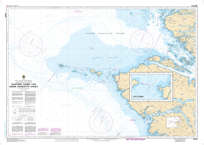 CHS Chart 3605 - Official Canadian Nautical Chart for Quatsino Sound to Queen Charlotte Strait, featuring 1:150,000 scale mapping of Cape Scott and the northern Vancouver Island coast. CHS Chart 3605 - Official Canadian Nautical Chart for Quatsino Sound to Queen Charlotte Strait, featuring 1:150,000 scale mapping of Cape Scott and the northern Vancouver Island coast.
