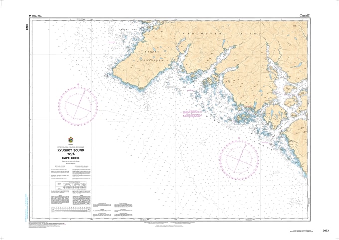 CHS Chart 3623 - Official Canadian Nautical Chart for Kyuquot Sound to Cape Cook, featuring high-detail 1:80,000 mapping of the Brooks Peninsula and Solander Island.