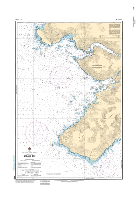 CHS Chart 3680 - Official Canadian Nautical Chart for Brooks Bay, featuring high-detail 1:38,317 scale mapping of the Brooks Peninsula and Klaskish Inlet. CHS Chart 3680 - Official Canadian Nautical Chart for Brooks Bay, featuring high-detail 1:38,317 scale mapping of the Brooks Peninsula and Klaskish Inlet.