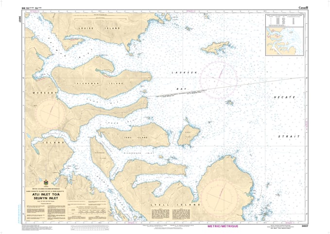 CHS Chart 3807 - Official Canadian Nautical Chart for Atli Inlet to Selwyn Inlet, featuring high-detail 1:40,000 scale mapping of the Moresby Island coastline in Haida Gwaii.