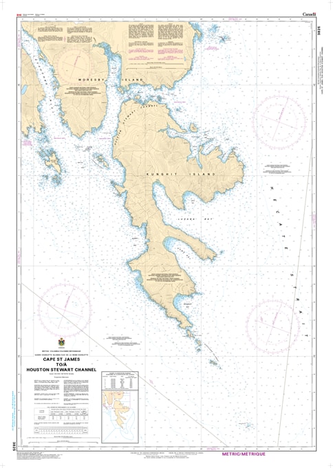 CHS Chart 3825 - Official Canadian Nautical Chart for Cape St. James to Houston Stewart Channel, featuring 1:40,000 scale mapping of southern Haida Gwaii and Kunghit Island. CHS Chart 3825 - Official Canadian Nautical Chart for Cape St. James to Houston Stewart Channel, featuring 1:40,000 scale mapping of southern Haida Gwaii and Kunghit Island.