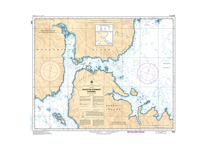 CHS Chart 3855 - Official Canadian Nautical Chart for Houston Stewart Channel, featuring high-detail 1:20,000 scale mapping of Rose Harbour and the Kunghit Island narrows.