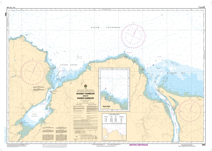 CHS Chart 3892 - Official Canadian Nautical Chart for Masset Harbour and Naden Harbour, featuring detailed mapping of northern Graham Island and Masset Sound.