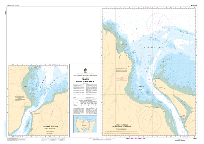 CHS Chart 3895 - Official Canadian Nautical Chart featuring harbor plans for the Dixon Entrance, including detailed mapping of Brundige Inlet and Aliford Bay. CHS Chart 3895 - Official Canadian Nautical Chart featuring harbor plans for the Dixon Entrance, including detailed mapping of Brundige Inlet and Aliford Bay.