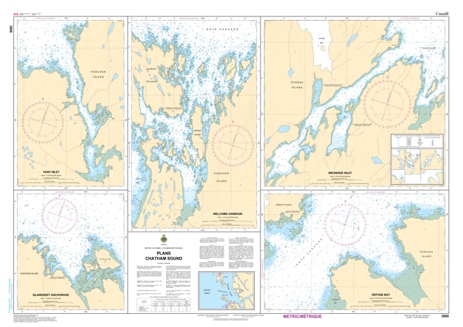 CHS Chart 3909 - Official Canadian Nautical Chart featuring harbor plans for Chatham Sound, including detailed mapping of Ridley Island and Port Edward.