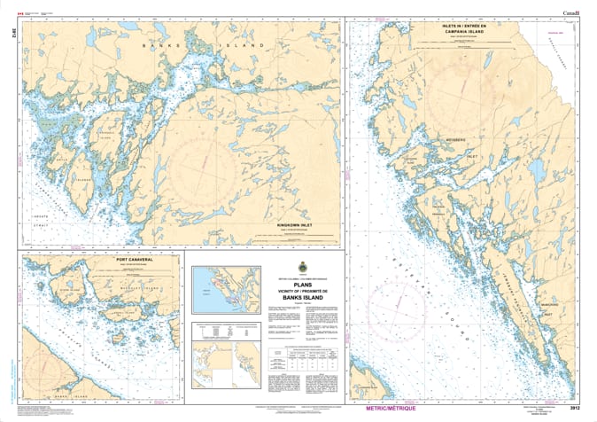 CHS Chart 3912 - Official Canadian Nautical Chart featuring harbor and passage plans for the vicinity of Banks Island, including detailed mapping of Larsen Harbour. CHS Chart 3912 - Official Canadian Nautical Chart featuring harbor and passage plans for the vicinity of Banks Island, including detailed mapping of Larsen Harbour.