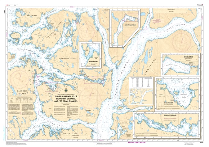 CHS Chart 3939 - Official Canadian Nautical Chart for Fisher Channel to Seaforth Channel, featuring 1:40,000 scale mapping of Dean Channel and Shearwater. CHS Chart 3939 - Official Canadian Nautical Chart for Fisher Channel to Seaforth Channel, featuring 1:40,000 scale mapping of Dean Channel and Shearwater.