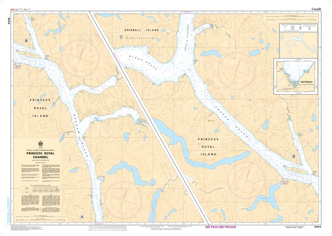 CHS Chart 3944 - Official Canadian Nautical Chart for Princess Royal Channel, featuring 1:40,000 scale mapping of Graham Reach and the Great Bear Rainforest. CHS Chart 3944 - Official Canadian Nautical Chart for Princess Royal Channel, featuring 1:40,000 scale mapping of Graham Reach and the Great Bear Rainforest.