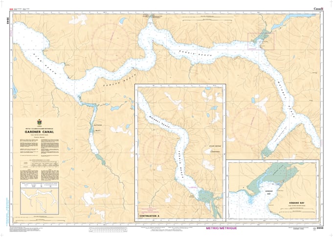 CHS Chart 3948 - Official Canadian Nautical Chart for Gardner Canal, featuring 1:40,000 scale mapping of the Kemano approaches and North Coast fjords.