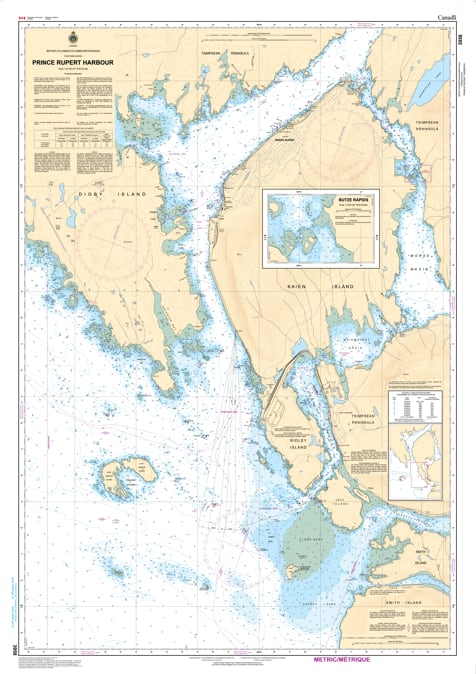 CHS Chart 3958 - Official Canadian Nautical Chart for Prince Rupert Inner Harbour, featuring high-resolution 1:20,000 scale mapping of the waterfront and Tuck Inlet. CHS Chart 3958 - Official Canadian Nautical Chart for Prince Rupert Inner Harbour, featuring high-resolution 1:20,000 scale mapping of the waterfront and Tuck Inlet.