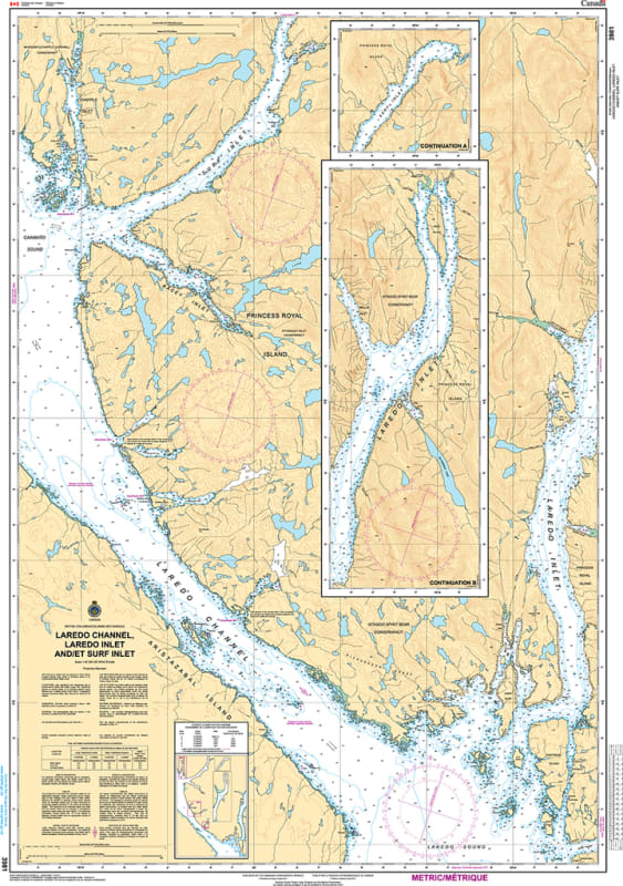 CHS Chart 3981 - Official Canadian Nautical Chart for Laredo Channel and Laredo Inlet, featuring 1:40,000 scale mapping of the Central Coast fjords. CHS Chart 3981 - Official Canadian Nautical Chart for Laredo Channel and Laredo Inlet, featuring 1:40,000 scale mapping of the Central Coast fjords.