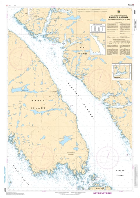 CHS Chart 3984 - Official Canadian Nautical Chart for the Southern Portion of Principe Channel, featuring 1:40,000 scale mapping of Pitt and Banks Islands. CHS Chart 3984 - Official Canadian Nautical Chart for the Southern Portion of Principe Channel, featuring 1:40,000 scale mapping of Pitt and Banks Islands.