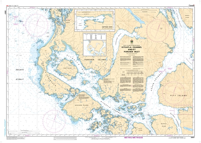 CHS Chart 3987 - Official Canadian Nautical Chart for Kitkatla Channel and Porcher Inlet, featuring 1:40,000 scale mapping of Porcher Island. CHS Chart 3987 - Official Canadian Nautical Chart for Kitkatla Channel and Porcher Inlet, featuring 1:40,000 scale mapping of Porcher Island.