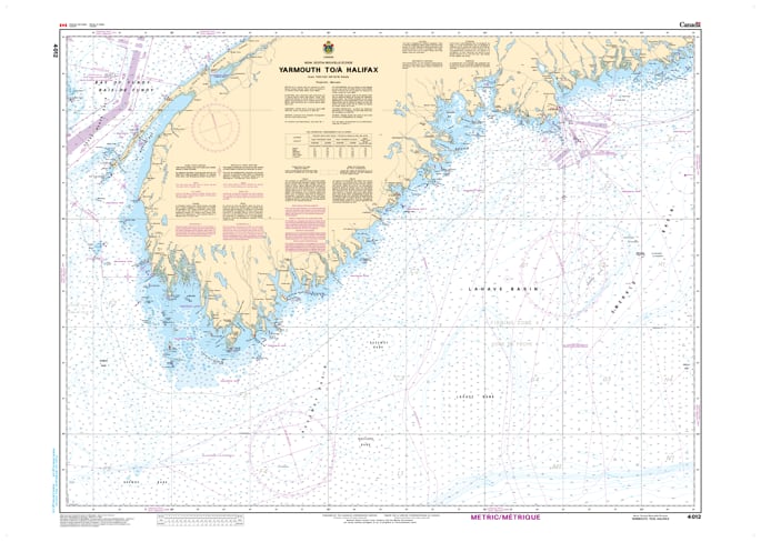 Official CHS 4012 Nautical Chart showing the South Shore of Nova Scotia from Yarmouth to Halifax Harbour.