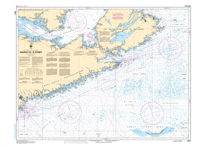 Official CHS 4013 Nautical Chart of the Nova Scotia coastline from Halifax to Sydney Harbour. Official CHS 4013 Nautical Chart of the Nova Scotia coastline from Halifax to Sydney Harbour.