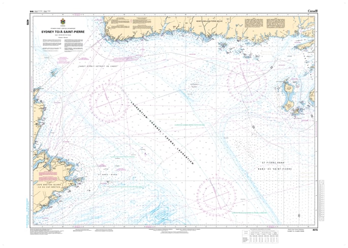 Official CHS 4015 Nautical Chart showing the Atlantic route from Sydney, Nova Scotia, to Saint-Pierre and Miquelon. Official CHS 4015 Nautical Chart showing the Atlantic route from Sydney, Nova Scotia, to Saint-Pierre and Miquelon.