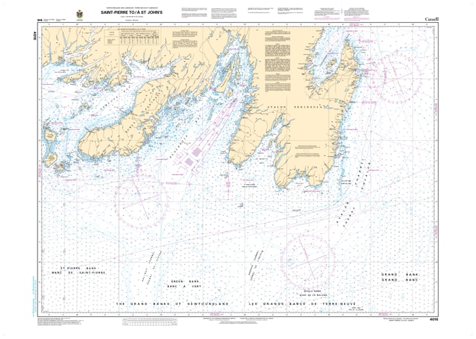 Official CHS 4016 Nautical Chart showing the southern coast of Newfoundland from Saint-Pierre to St. John's. Official CHS 4016 Nautical Chart showing the southern coast of Newfoundland from Saint-Pierre to St. John's.