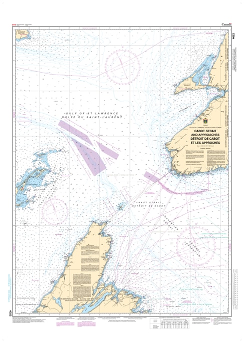 Official CHS 4022 Nautical Chart of the Cabot Strait and approaches, covering the route from Scatarie Island to Ile D'Anticosti. Official CHS 4022 Nautical Chart of the Cabot Strait and approaches, covering the route from Scatarie Island to Ile D'Anticosti.