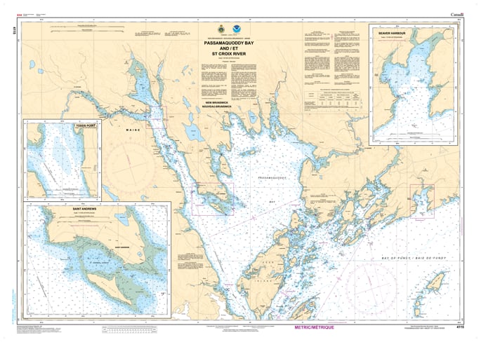 4115 Passamaquoddy Bay & St. Croix River Nautical Chart - An official Canadian maritime navigation map featuring depth soundings and international boundary details for New Brunswick and Maine. 4115 Passamaquoddy Bay & St. Croix River Nautical Chart - An official Canadian maritime navigation map featuring depth soundings and international boundary details for New Brunswick and Maine.