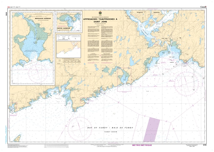 4116 Approaches to Saint John Nautical Chart - An official Canadian maritime navigation map featuring depth soundings, shipping lanes, and coastal features for the Saint John area in New Brunswick. 4116 Approaches to Saint John Nautical Chart - An official Canadian maritime navigation map featuring depth soundings, shipping lanes, and coastal features for the Saint John area in New Brunswick.